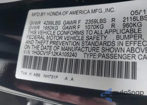 2019 Honda Accord Lx from USA, damaged, VIN 1HGCV1F12KA105240
